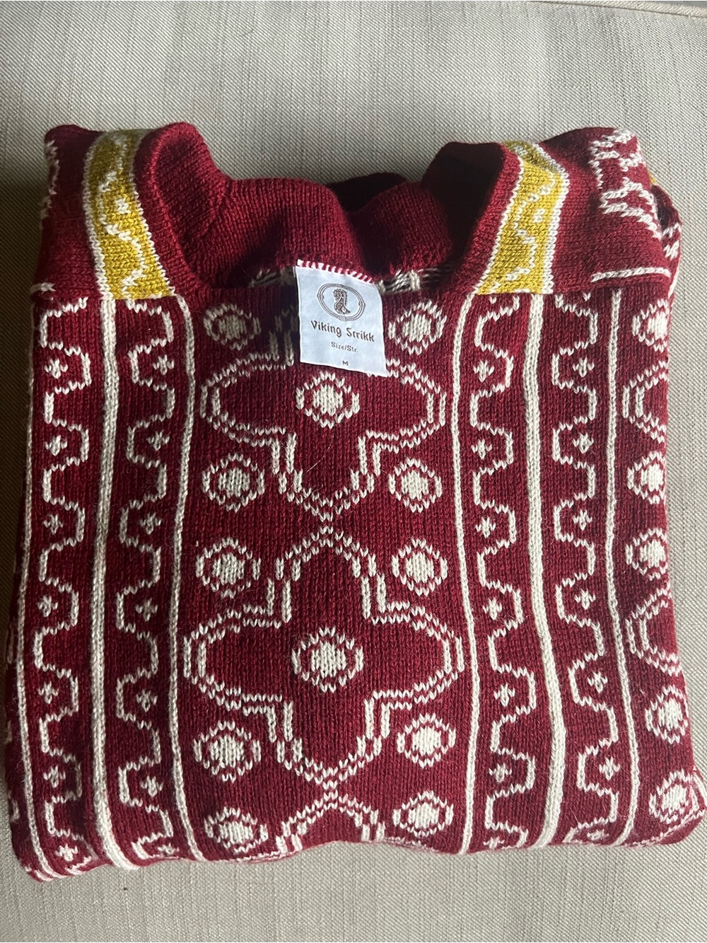 Viking Strikk Maroon Nordic Knit Sweater with Cream & Yellow Accents